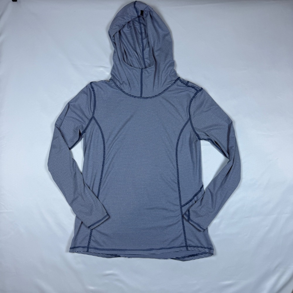 Danskin Now Womens Small Indigo Blue Striped Dri-More Hoodie Thumbholes DNL18047